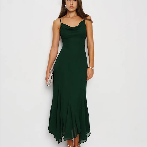 Reformation Lluvia dress: Forest Green Midi Dress